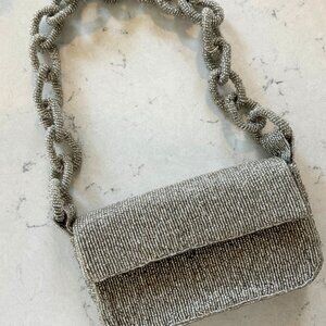 Silver Beaded Evening Purse with Beaded Chain Strap